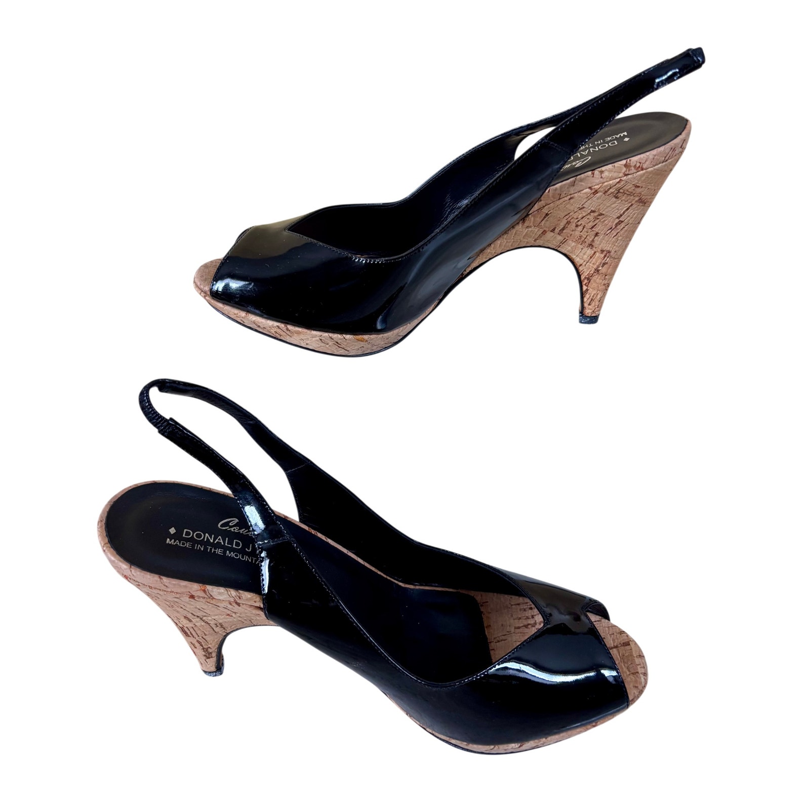 Donald Pliner Black Patent Leather Shoe New Cork Platform Peep Toe $265 Nwt 7.5
